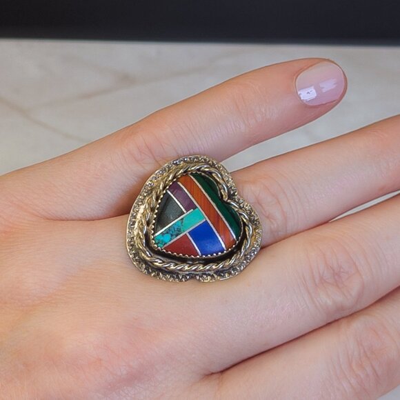 Sterling Silver Heart Inlay Ring with Turquoise, Lapis, Malachite – Size 7.75 - Picture 4 of 4
